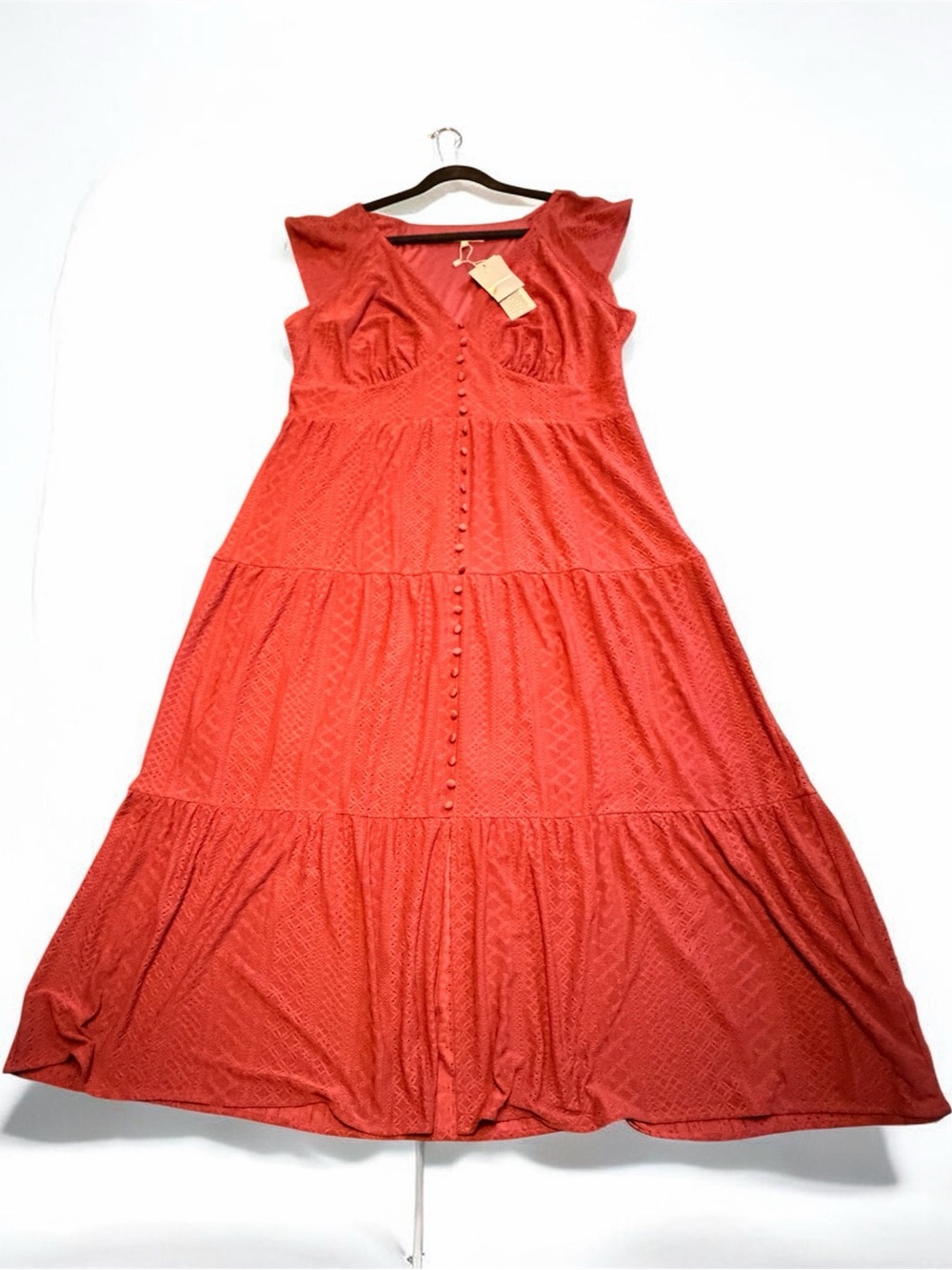 Daniel Rainn Coral-Red Tiered Button-Front Maxi Dress